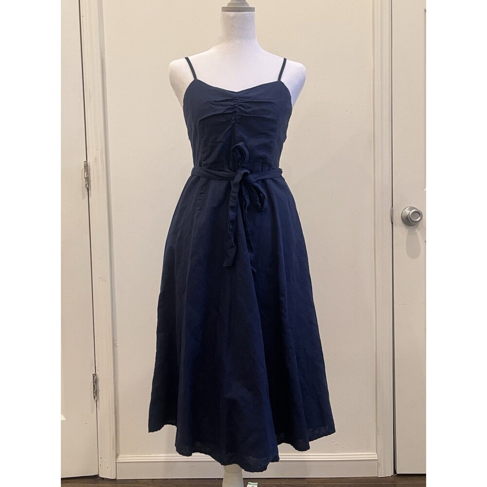 Gap Fit & Flare Cami Linen Blend Navy Blue Dress Sz 0 Classic Nautical smocked